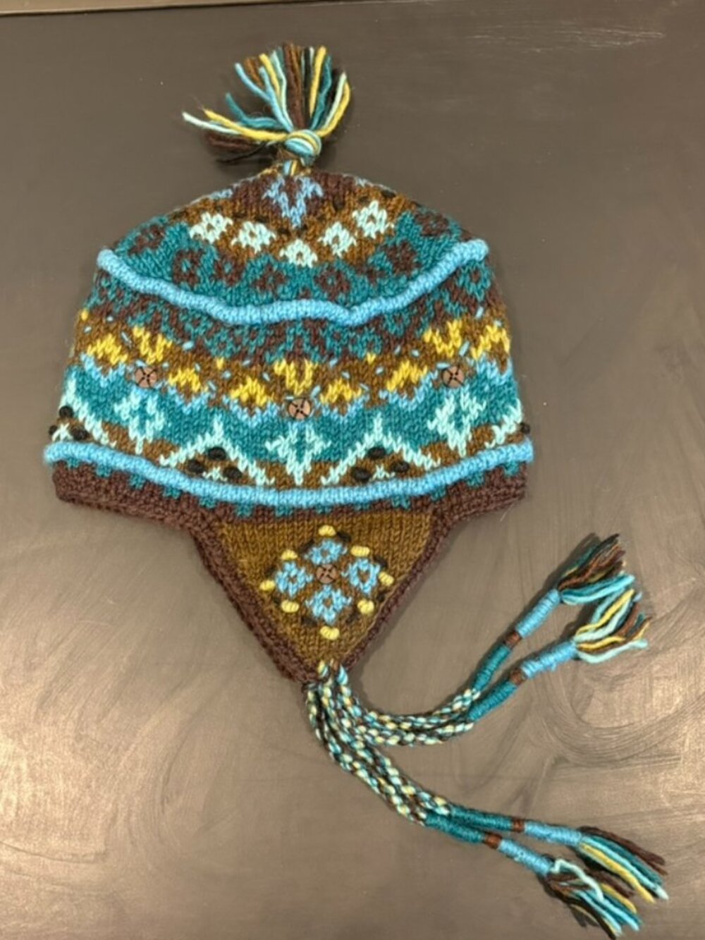 Newami Hand Knit Wool Earflap Beanie Icelandic Pattern Fleece Lined Blue Brown